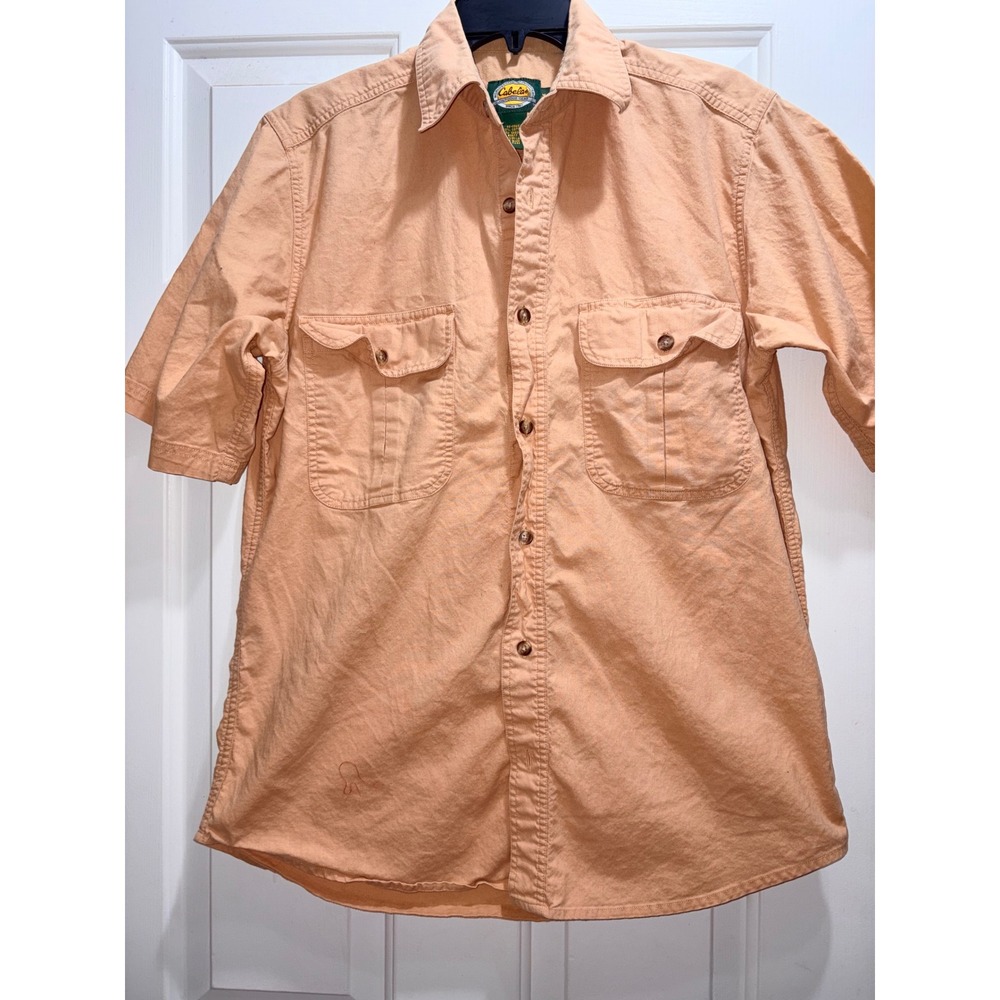 Cabelas Mens Short Sleeve Button Down Shirt Peach Cotton Workwear Size Medium